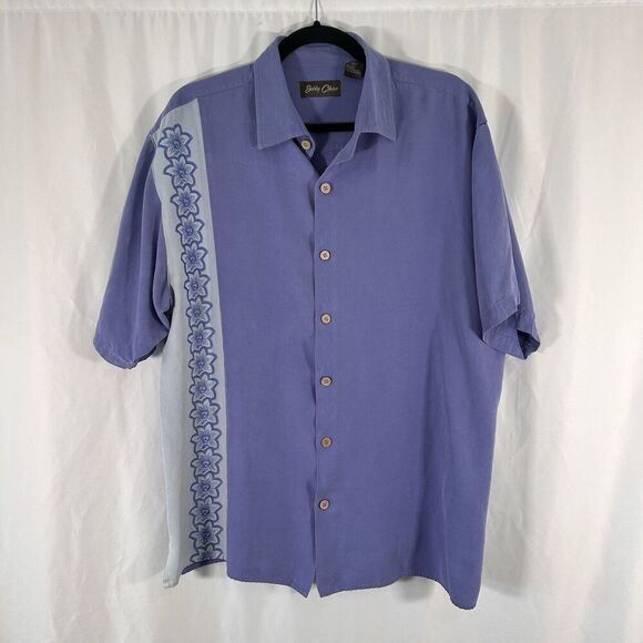 Bobby Chan Silk Hawaiian Shirt Men's XL Blue Floral Short Sleeve Button Up - Picture 1 of 7